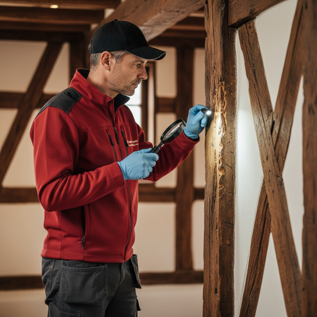 Technicien désinsectisation inspectant une maison à colombages à Colmar