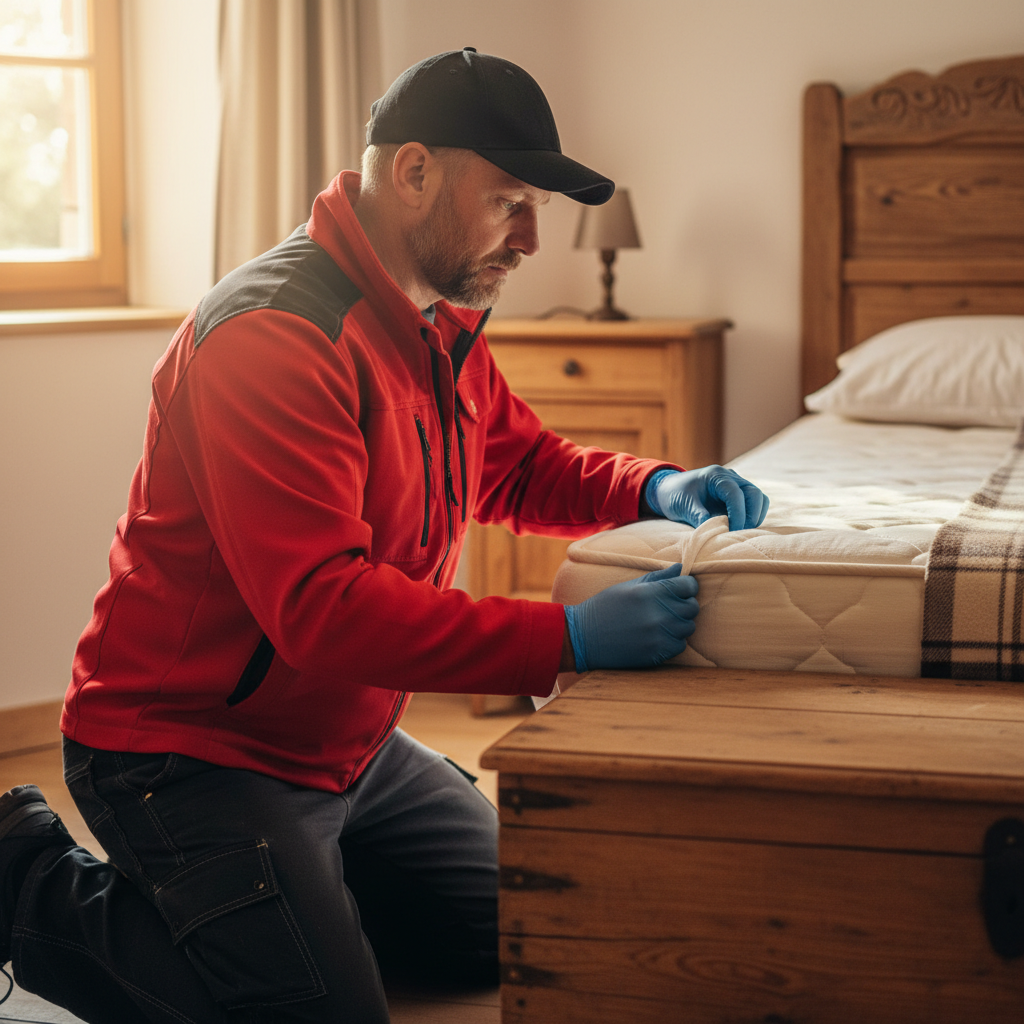 Technicien traitant des punaises de lit dans un gîte à Haguenau