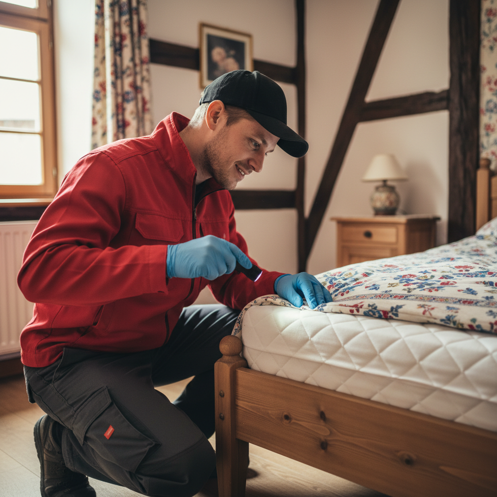 Technicien traitant des punaises de lit dans une maison à colombages d'Obernai