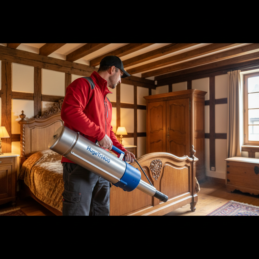 Technicien Expert Nuisibles Alsace avec équipement HugeTri400 dans une chambre à colombages d'Obernai