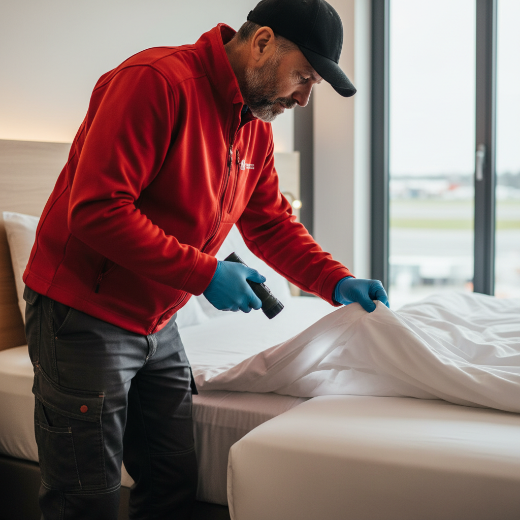 Technicien traitant des punaises de lit dans un hôtel d'affaires de Saint-Louis