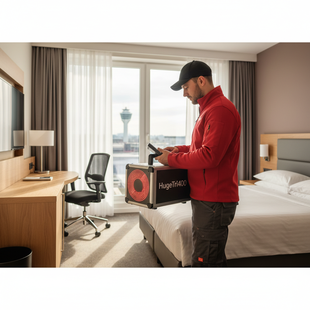 Technicien Expert Nuisibles Alsace avec HugeTri400 dans une chambre d'hôtel à Saint-Louis
